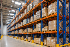 Modern warehouse with high-capacity pallet racking system, featuring multiple storage levels filled with palletized goods in a clean industrial distribution center in Saudi Arabia.