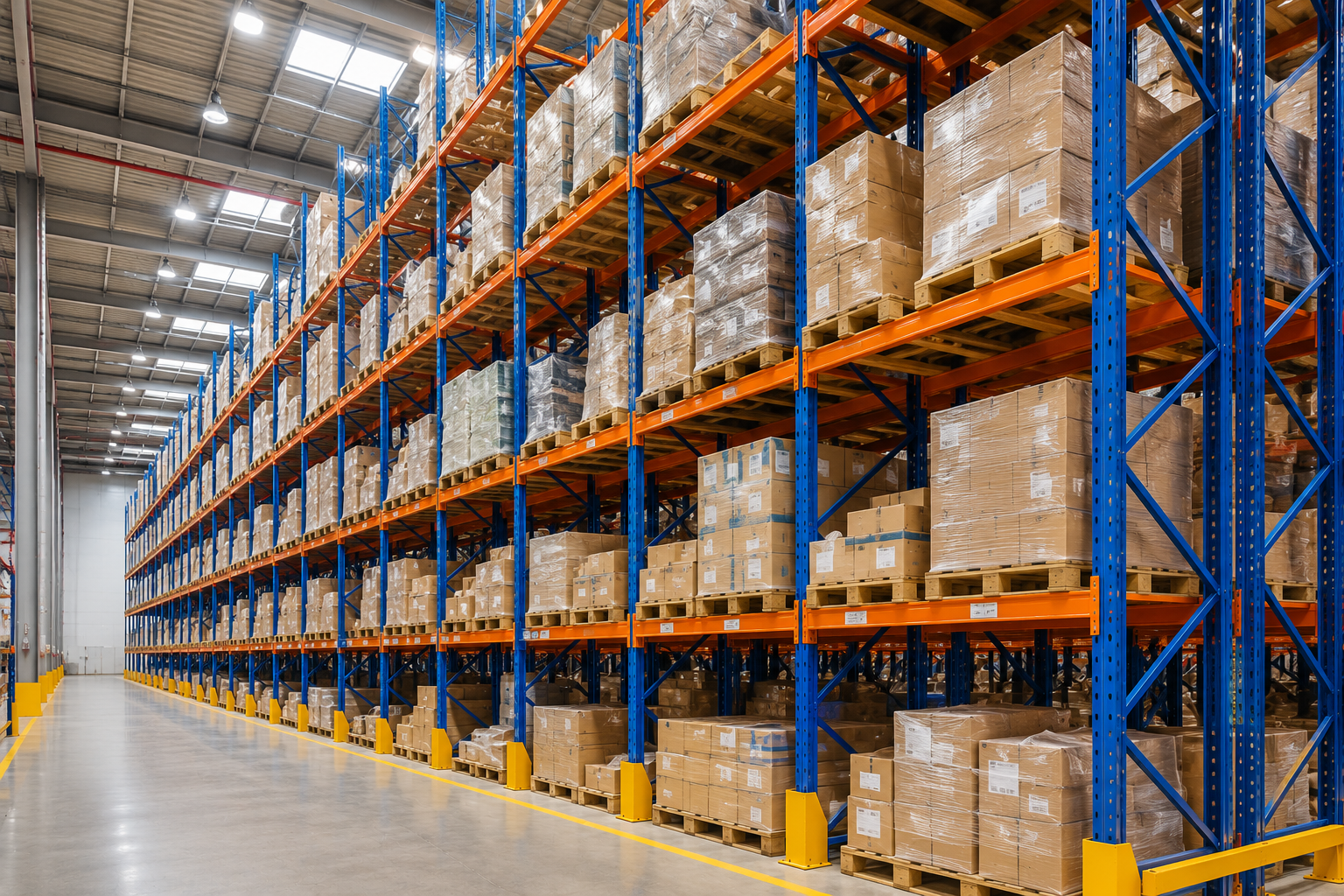 Modern warehouse with high-capacity pallet racking system, featuring multiple storage levels filled with palletized goods in a clean industrial distribution center in Saudi Arabia.