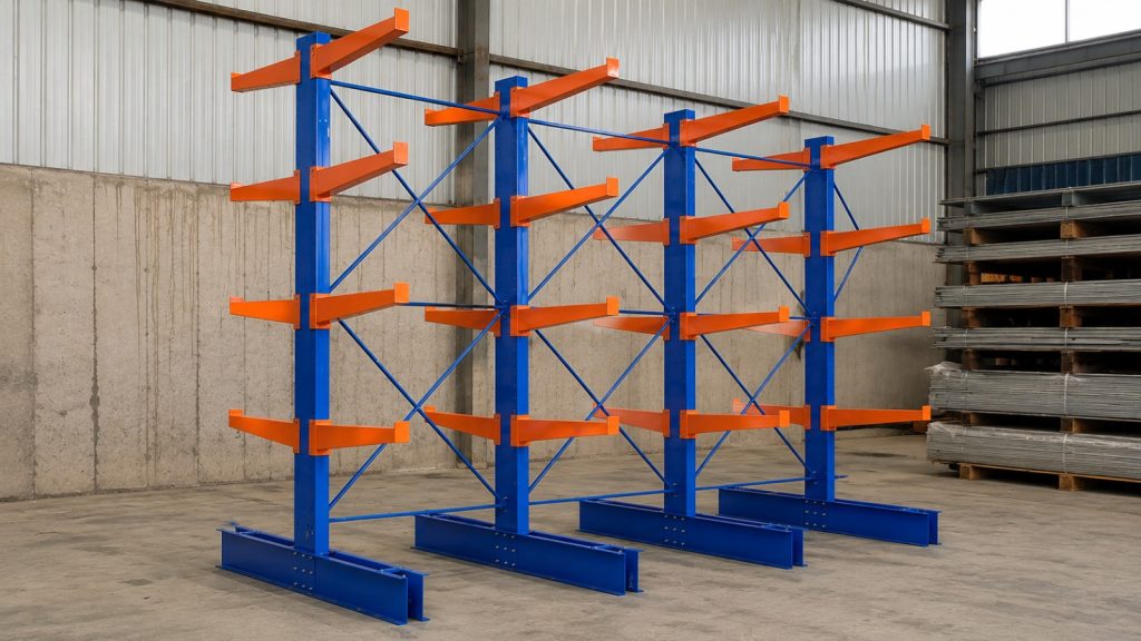Industrial cantilever racking system with steel arms and upright frames for storing long and bulky materials.