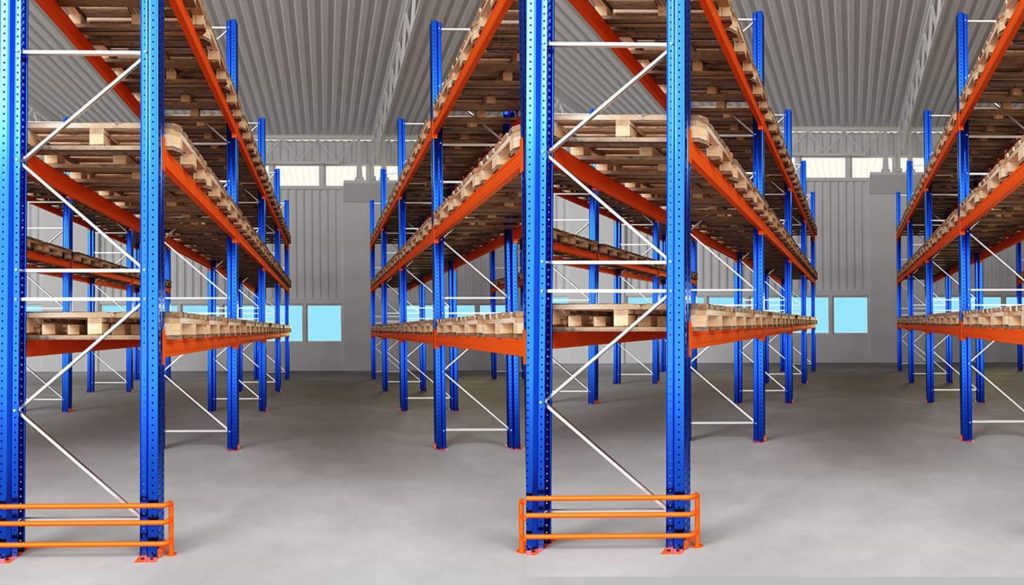 Heavy-duty warehouse mezzanine floor racking system with steel shelving and pallet storage levels inside an industrial warehouse.