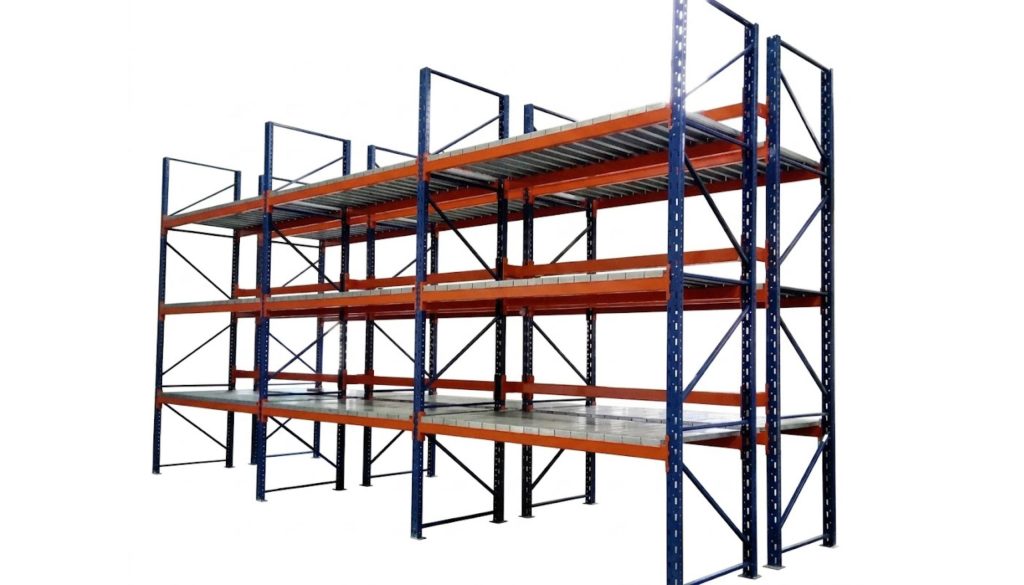 Heavy-duty warehouse storage rack with galvanized iron (GI) drop-over panels and multiple storage levels for industrial inventory storage.