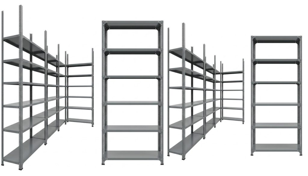 Steel slotted angle shelving system with multiple adjustable shelves for warehouse, office, and storeroom storage.