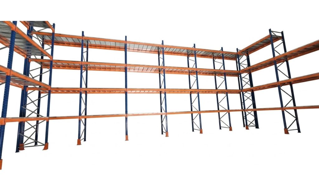 Heavy duty warehouse pallet racking system with multi-level storage beams and steel frames by AME Storage Solutions.