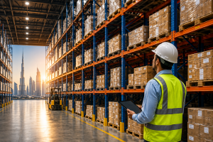 Warehouse racking safety inspection in UAE showing a warehouse inspector examining pallet racking systems and storage racks in a modern warehouse facility.