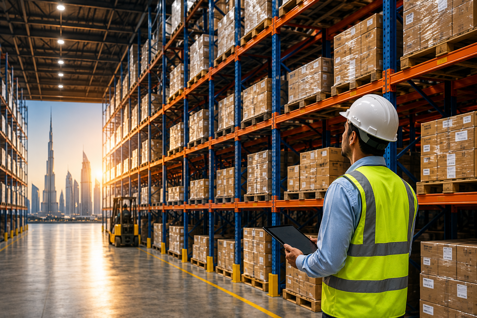 Warehouse racking safety inspection in UAE showing a warehouse inspector examining pallet racking systems and storage racks in a modern warehouse facility.