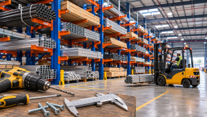 Heavy duty cantilever racking in UAE warehouse storing steel pipes, aluminum profiles, timber, and industrial materials with forklift operation