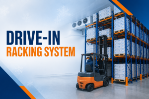 Drive in racking system in a cold storage warehouse with a forklift loading pallets into high-density racks, improving storage efficiency and reducing operating costs.
