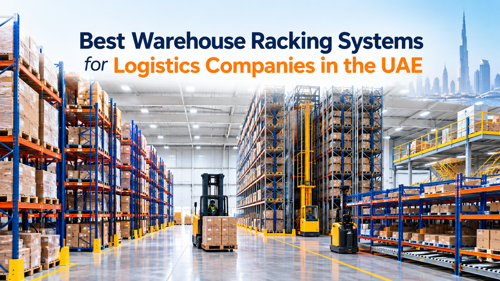 Warehouse racking systems UAE for logistics companies with pallet racks and forklifts